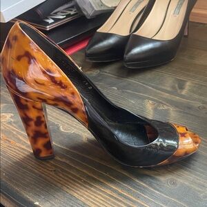 Black and Tortoiseshell Patent Peep-Toe High Heels